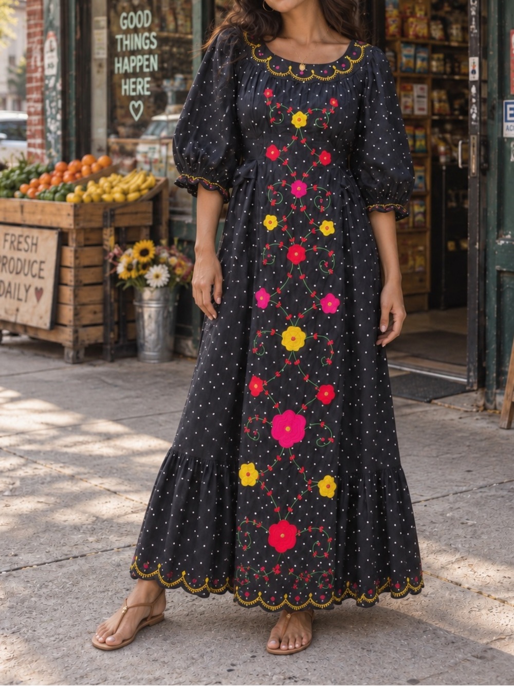 Pink‎ city pints  Polka Dot Dress with Bright Floral Embroidery Retails $495